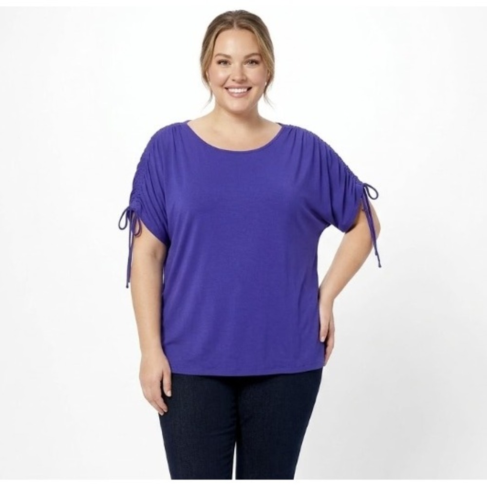 New Tahari size 1X Blue Navy Stretch Knit Ruched Sleeve Blouse Comfy